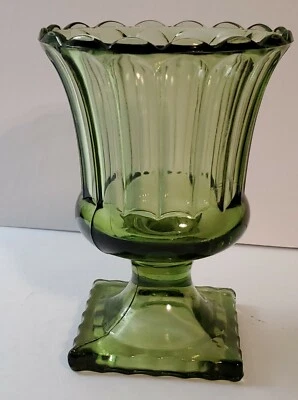 Vintage Hazel Atlus Olive Green Vase/ Urn Scalloped Design, Square Base Pedestal - Image 1 of 4