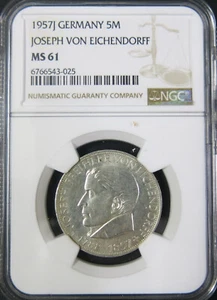 Germany 1957J 5 Mark JOSEPH VON EICHENDORFF. NGC MS 61 - Picture 1 of 2