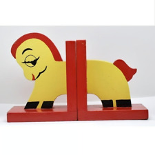 Retro Childrens Wooden Horse Bookends, Red, Yellow