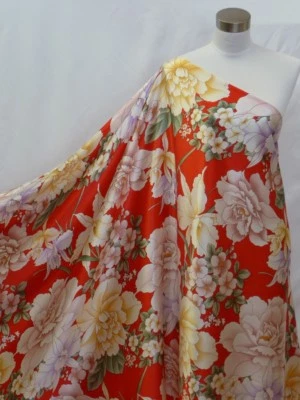 100% Charmeuse Silk Fabric Bold red Peony Flowers Per Yard - Image 1 of 2