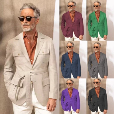 Linen Men's Safari Jackets With Belt Summer Outdoor Tuxedos Daily Business Coat - Image 1 of 4