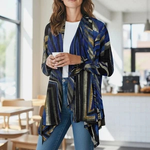 Cárdigan Artístico Clara Sun Woo Mujer Top M Azul Dorado Geométrico Cascada Abierta - Imagen 1 de 10