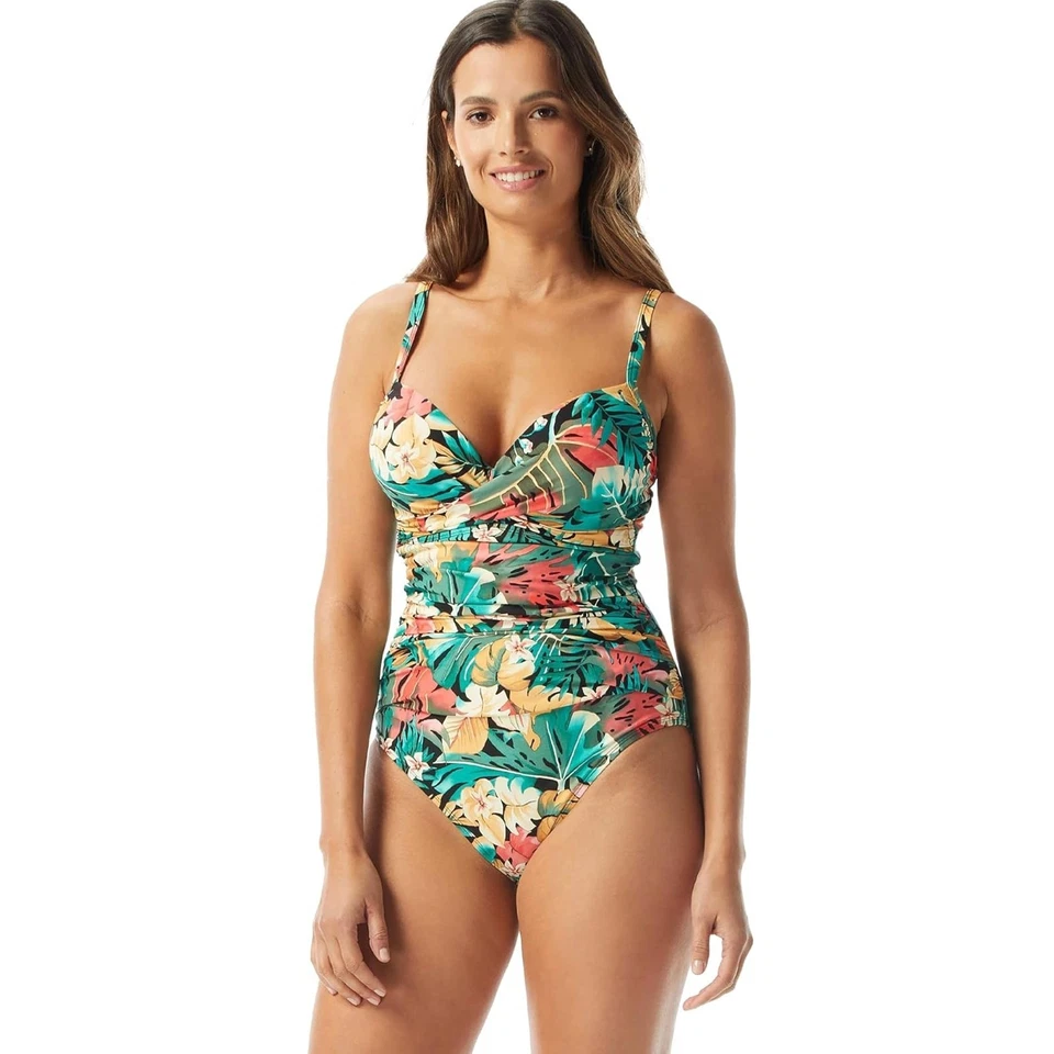 Traje de baño de una pieza envolvente frontal con estampado tropical Coco Reef para mujer talla 38C Foto 1 de 4