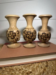 VTG Wood Turned Vases Candle Holders Burned Floral Design Set 3 - Picture 1 of 3
