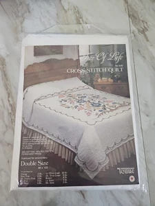 Vtg Tobin TREE OF LIFE Stamped Cross-Stitch Quilt 90" x 103" Jacobean Design - Picture 1 of 5