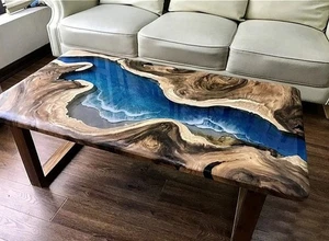Ocean Epoxy Coastal Dining Tabletop Custom Modern Art Live Edge Wood & Home Deco - Picture 1 of 14