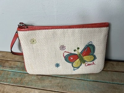 COACH Straw Patent Leather Butterfly Flowers Crystals Large Wristlet - Image 1 of 4