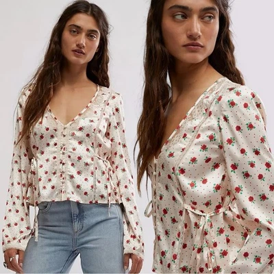 Blusa Free People Western Delicada Etérea Encaje Campo de Rosas Satén Mediana Foto 1 de 4