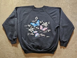 VINTAGE 80s Flowers And Butterflies Black Graphic Crewneck Sweatshirt Size S/M - Picture 1 of 9