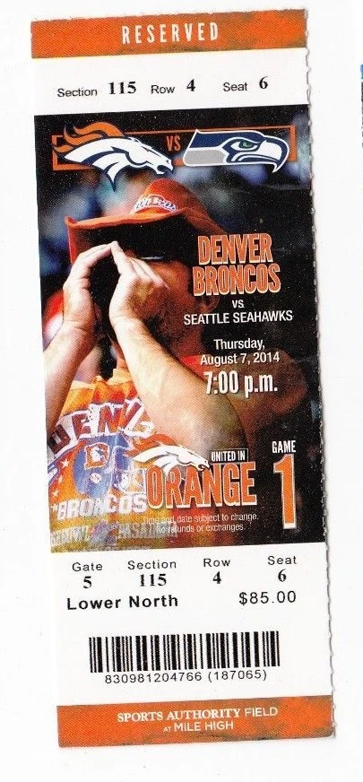 2014 DENVER BRONCOS VS SEATTLE SEAHAWKS TICKET STUB 8/7 PEYTON MANNING WILSON - Image 1 of 1