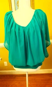 Joseph A. Dressy Green Blue Blouse with Flutter Sleeves SZ Large - Picture 1 of 4