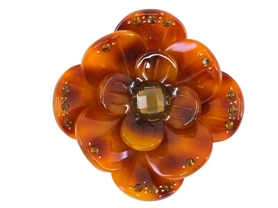 DE COLECCIÓN BROCHE FLOR CAMELIA ACETATO CELULOIDE MARRÓN CON JOYAS CRISTAL ESTRÁS Foto 1 de 4