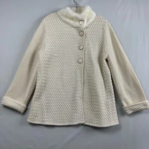 Jones New York Sweater Jacket Womens XL Cream Cardigan Faux Fur Collar Metallic - Picture 1 of 11