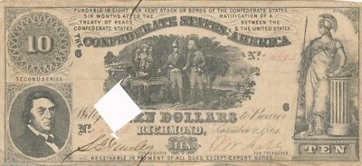 1861 $10 Confederate States of America Note (Richmond) Canceled JRB 20 - Image 1 of 2