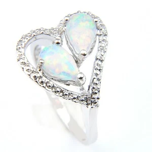 Gorgeous Love Heart Teardrop White Fire Opal Gemstone Silver Rings US Size 7 8 9 - Picture 1 of 6