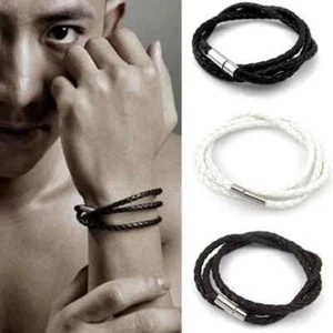 Hombres Moda Joyería Negro Marrón Blanco Imitación Cuero Mula Capa Cuerda Pulsera 276 - Imagen 1 de 9