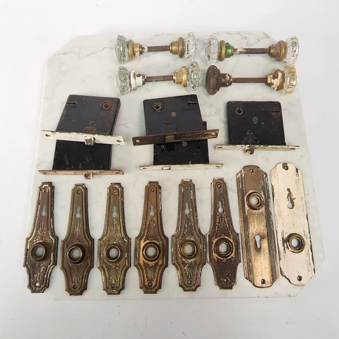 Antique Door Lock Hardware Lot: Glass/Brass Knobs, Iron Escutcheons & Locks Cover