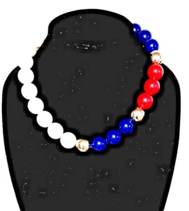 Red White Blue & Silver Beaded Necklace W/ Retro Patriotic Style & Bracelet - Picture 1 of 4