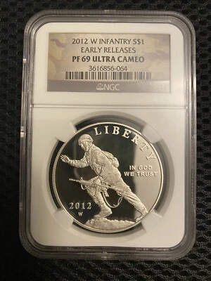 2012 W Infantry Silver $1 Early Release PF69 Ultra Cameo NGC Camo Label - Image 1 of 2