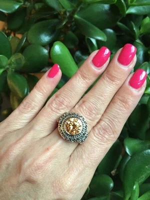 NEW "designer inspired" Amber Topaz CZ Medallion Ring w.Intricate Detail Size 7 Foto 1 de 4