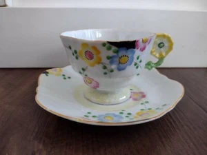 Vintage Flower Handle Teacup and Saucer Set Japan Yellow Blue Pink - Picture 1 of 9