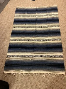 Mexican Blanket Vintage -BLUE Stripe- Serape  -Throw - Couch Cover -77x52 - Picture 1 of 11