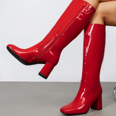 Mujeres Punta Cuadrada Bajo Grueso Tacón Bloque Gogo Botas Cremallera Lateral Botas hasta la Rodilla Foto 1 de 2