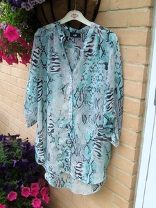 Ladies Wallis Turquoise Black Beige Chiffon Button up Long Top Tunic Size M VGC - Picture 1 of 7