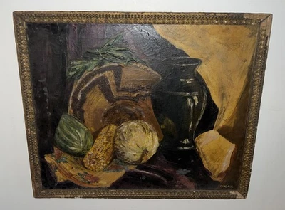 Antigua pintura al óleo sobre lienzo bodegón impresionista cesta india cónsaul Foto 1 de 4