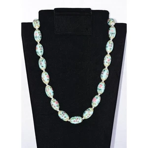 VINTAGE CHINESE FAMILLE ROSE VERTE PORCELAIN ENAMEL LOTUS FLOWER NECKLACE 25" - Picture 1 of 17