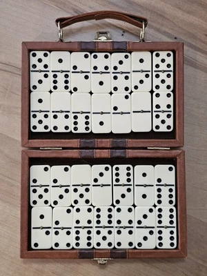 Vintage 28 Piece Double Six Dominoes Brass Spinners Faux Leather Case Travel Set - Image 1 of 4