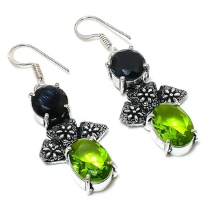 Peridot, Spinel Gemstone Handmade 925 Sterling Silver Jewelry Earring 2.01" - Picture 1 of 5