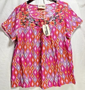 Savanna Jane Women’s Top Large Embroidered Boho Pink Geometric Floral Blouse NWT - Picture 1 of 12