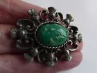 Vintage Metal Celtic Thistle Brooch With Faux Agate Glass Stone