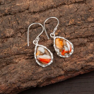 Orange Copper Turquoise Gemstone 925 Sterling Silver Jewelry Earrings For Women - Image 1 of 4