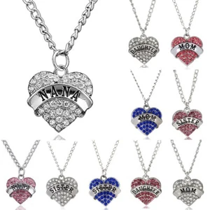 Heart Crystal Rhinestone Mom Family Chain Pendant Necklace Christmas Mother Gift - Picture 1 of 23