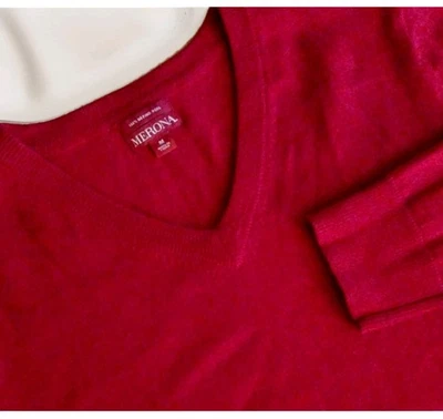 MERONA. Large 100% Merino Wool V-Neck Red Sweater Pullover Christmas Party 🍾  - Image 1 of 4
