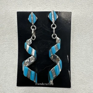 Orecchini Gioielli Nativi Americani Turchese Spirale Goccia Sterling - Foto 1 di 4