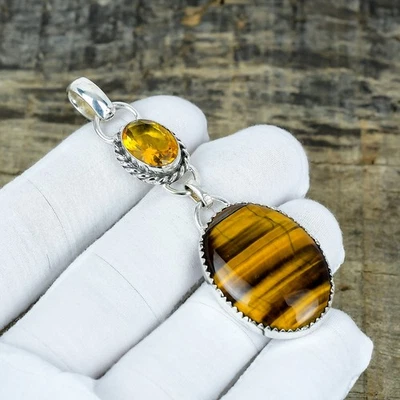 Naturale Tigre Occhio, Citrino Gemma Ciondolo 925 Sterling Argento Gioielli Per - Immagine 1 di 4