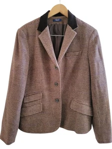 Chaps Women Brown Plaid tweed Houndstooth Blazer Wool blend size Medium academia - Picture 1 of 9