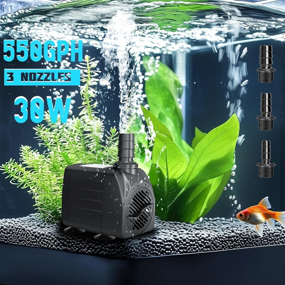 550 GPH Submersible Water Pump, 30W Ultra Quiet with 3 Nozzles for Aquatic Use - Image 1 of 4