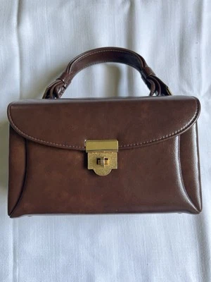 Harry Levine MCM 1950s Vinyl Brown Handbag Rockabilly Mod Train case Clutch USA - Image 1 of 4