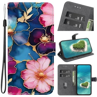 Wallet Case For Various Phone Luxury Flower Card Flip Stand Cover Women Girls - Image 1 of 4