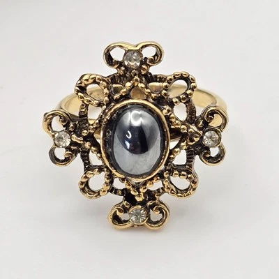 Anillo de Colección Renacimiento Victoriano Tono Dorado Talla 6.75 Vidrio Hematita Ajustable Foto 1 de 4
