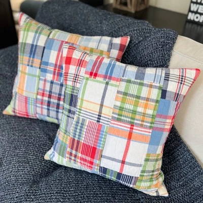 2 Pottery Barn Kids quilted MADRAS PLAID 20" throw accent PILLOW COVERS custom - Image 1 of 4