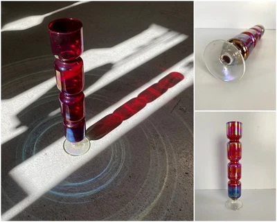VASO VINTAGE MONOFIORE TOTEM ROSSO RUBINO BLU IRIDESCENTE ART DECO' 28 cm/h - Immagine 1 di 4