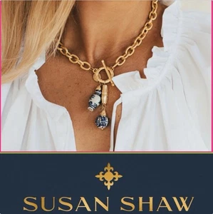 Susan Shaw Jewelry Blue & White Bamboo Toggle Necklace 24k Gold TPG - Picture 1 of 11