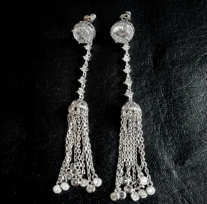 18k White Gold Filled Long Fringe Tassel Earrings made w Swarovski Crystal Stone - Picture 1 of 11