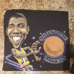 Mitchell & Ness Magic Johnson Black TShirt Small Los Angeles Lakers Big Head EUC - Picture 1 of 7