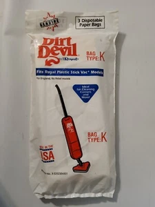 Genuino Dirt Devil Stick Vac Aspiradora Tipo K Bolsas de Papel Desechables Paquete de 3 Reedición - Imagen 1 de 4
